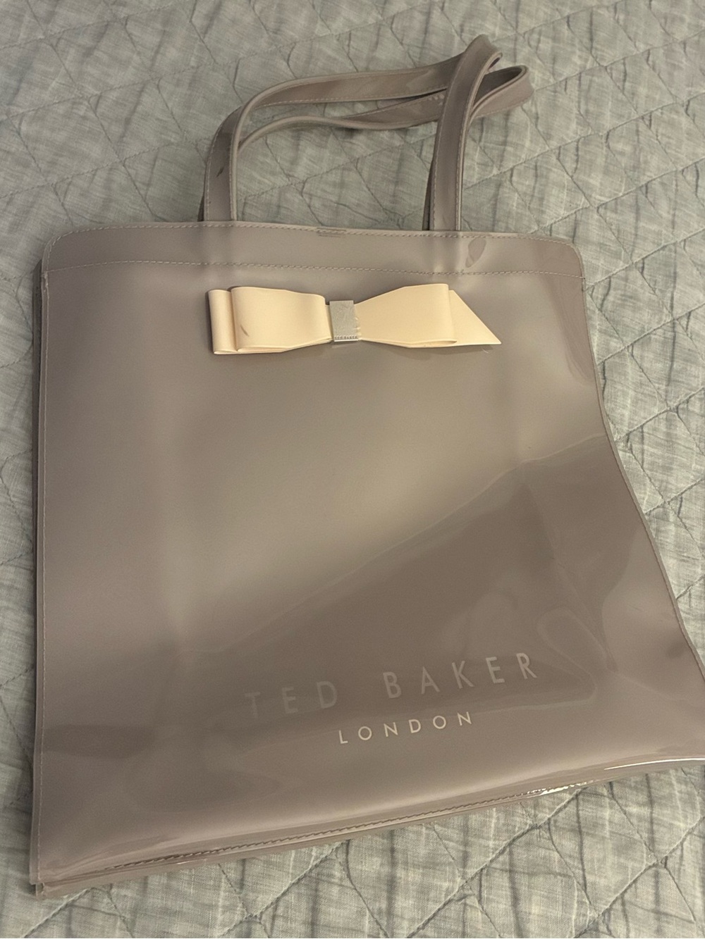 Ted Baker Grey Tote patent leather with off white bow with silver accent